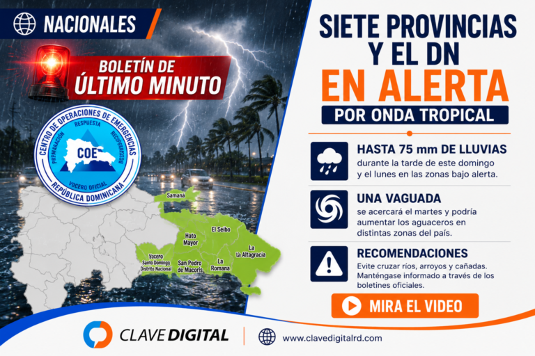 COE pone en alerta verde a siete provincias y el Distrito Nacional por onda tropical