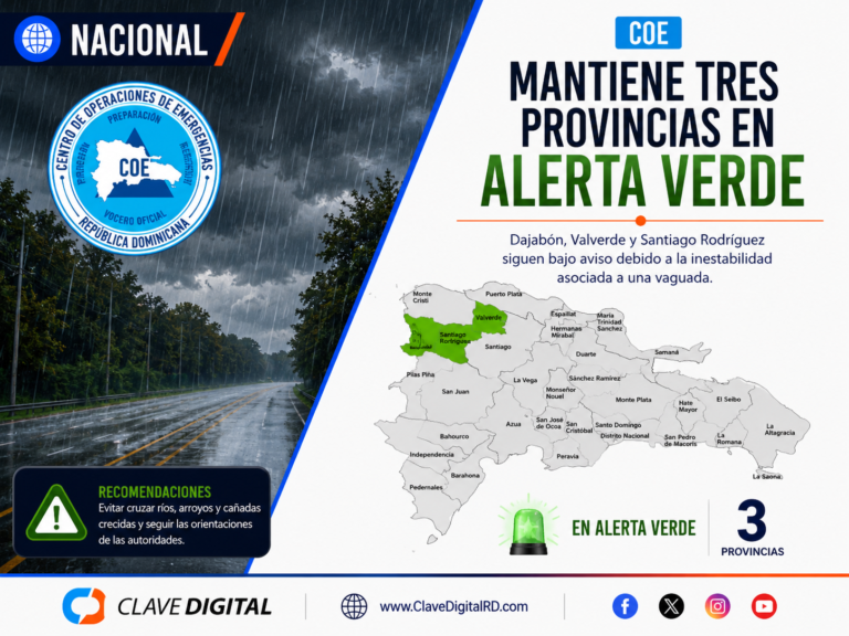 COE mantiene tres provincias en alerta verde por efectos de una vaguada